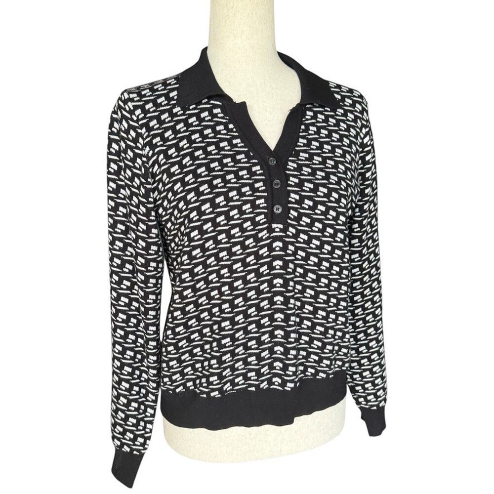 Arianna Papell Patterned Knit Top Black White Button Polo Sweater Minimalist L - Picture 2 of 9